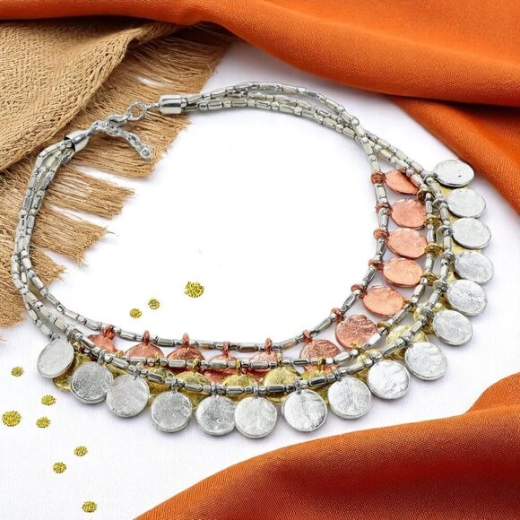 🆕Boho Statement Bib Necklace Handcrafted Layered Mixed Metal Coin Charm Beaded - Picture 1 of 13